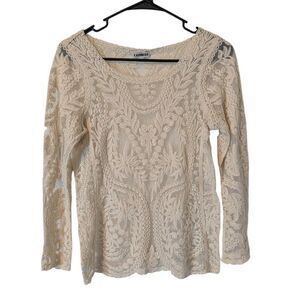 Express Cream Lace Top Women's XS Sheer 7/8 Sleeve Boho Floral Romantic Chic